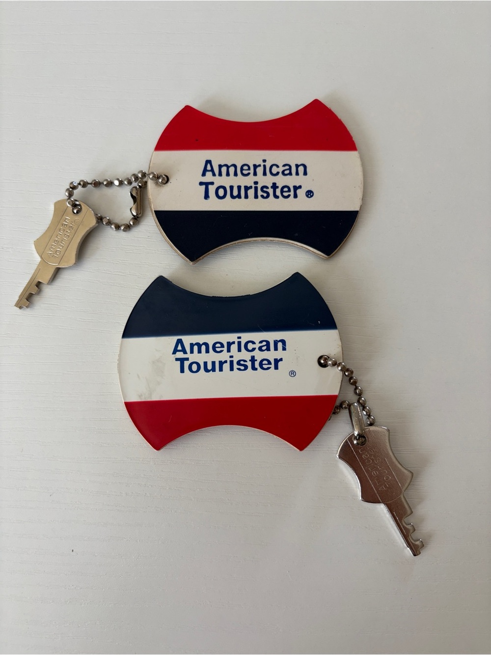 American Tourister Red White Blue Luggage Key Tags - Pair with Replica Keys